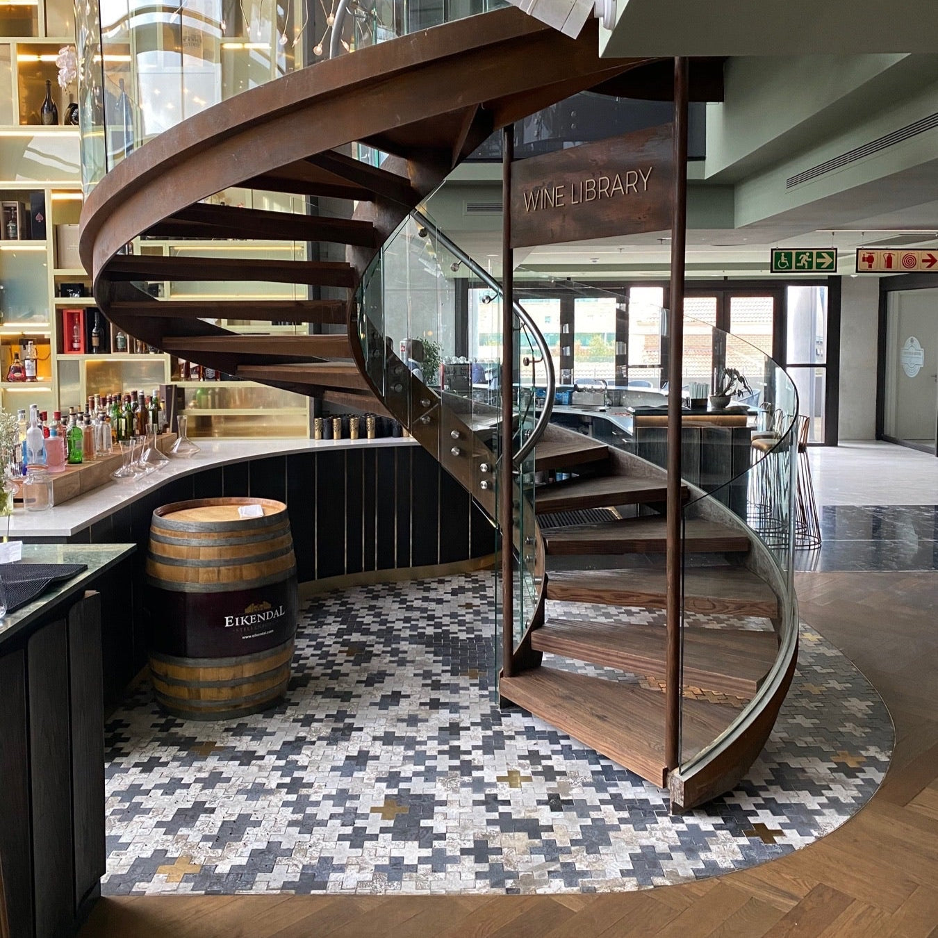 Cross Tile on floor beneath staircase