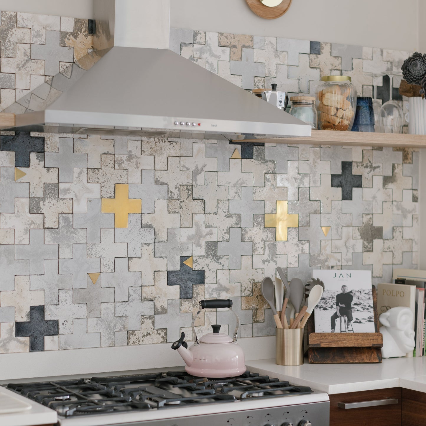 Cross Tile on wall in kitchen