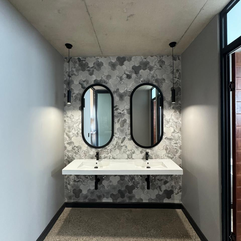 Tri Tile on a wall in a bathroom