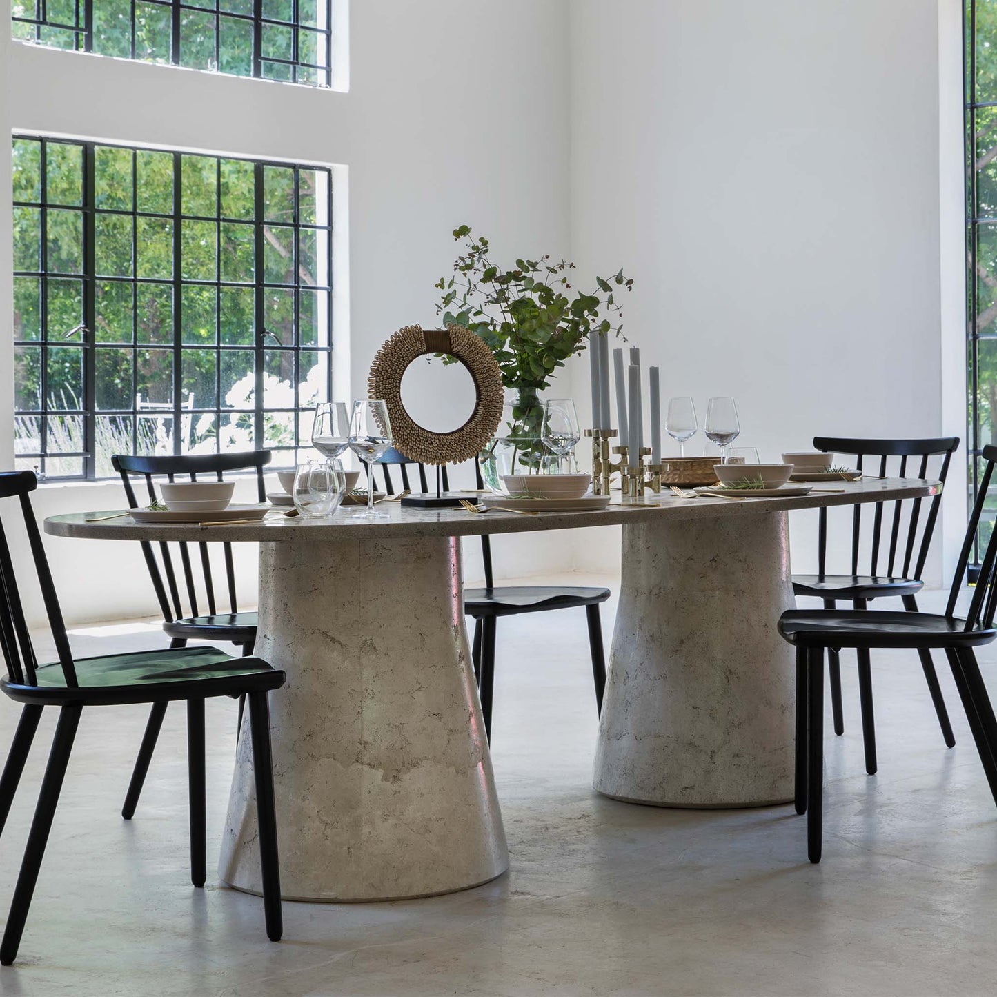 Oblong Dining Table with chairs and items