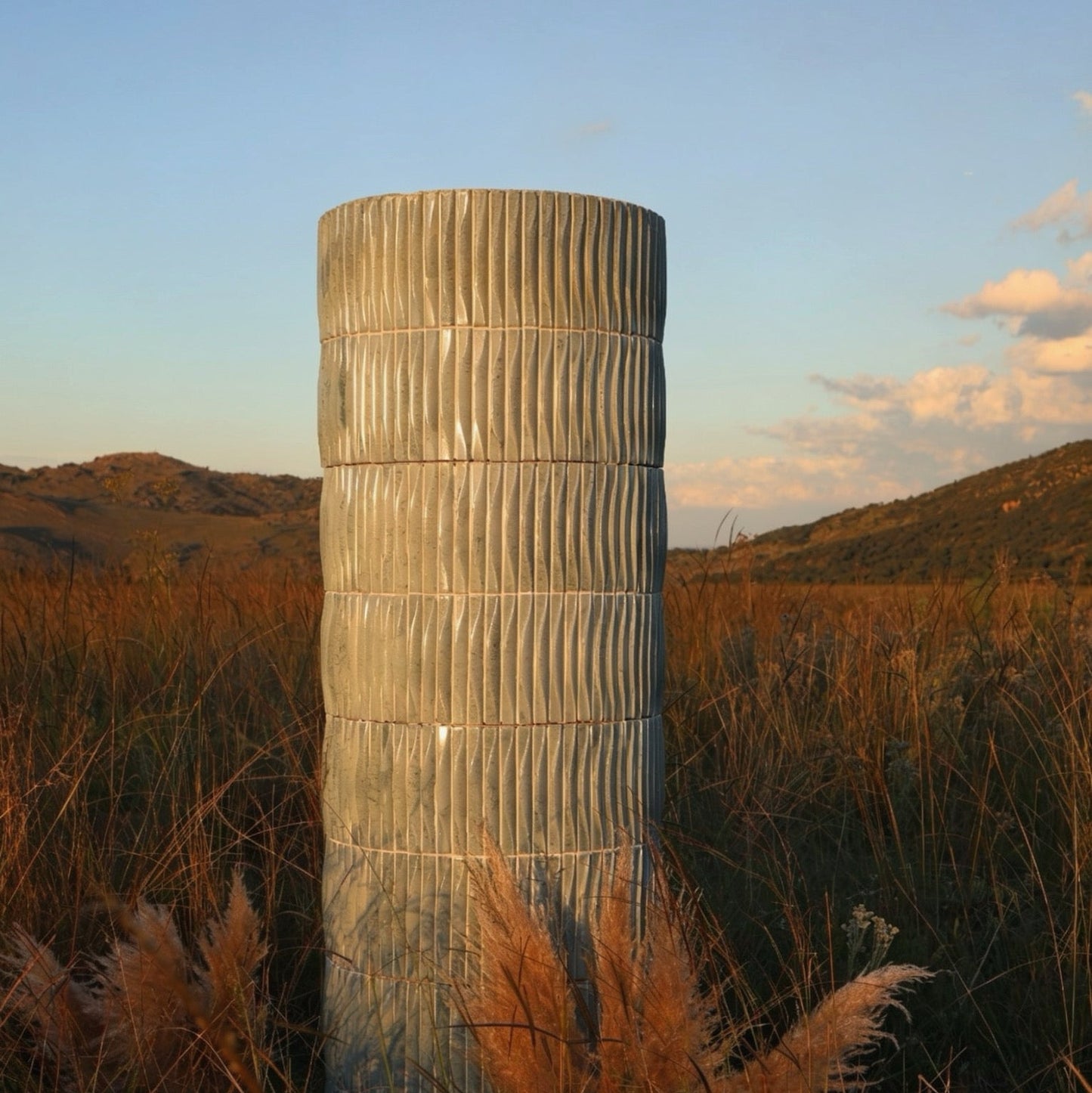 
                  
                    A tall, cylindrical column with tiles stands in a grassy field at sunset, with hills and a blue sky in the background.
                  
                