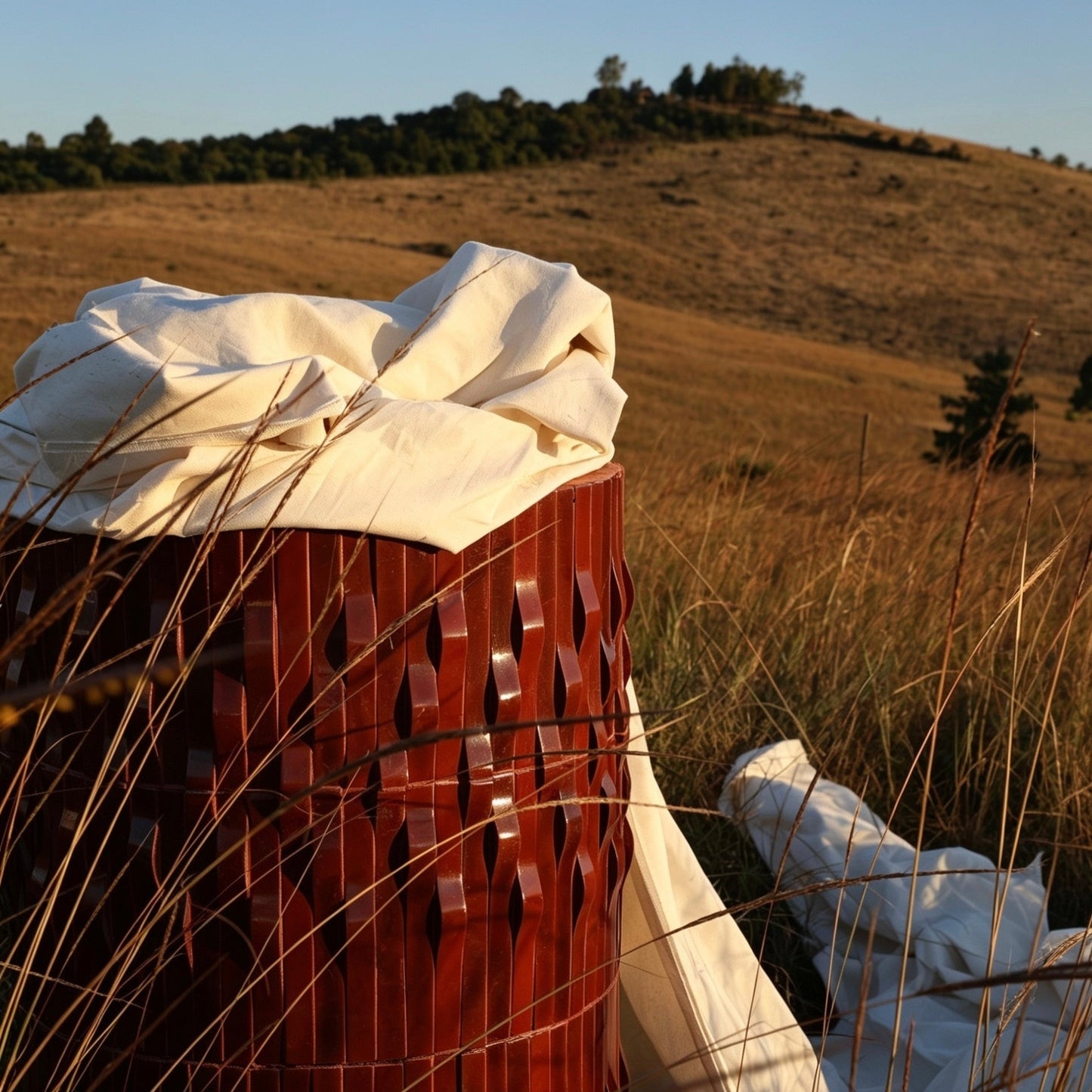 
                  
                    A red cylindrical woven basket or barrel with a white fabric cover tied at the top, placed outdoors in tall dry grass with a rolling hill and trees in the background.
                  
                